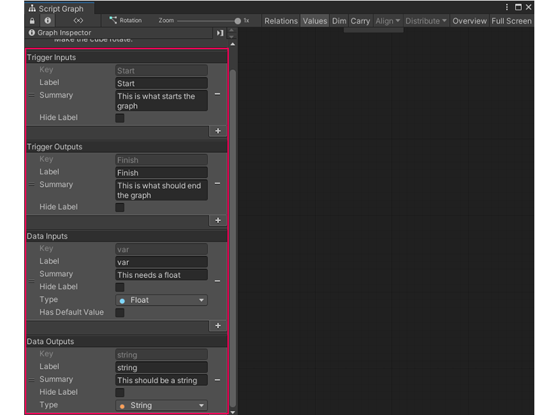 An image of the Graph Inspector, showing the options for adding ports to the currently open Script Graph.