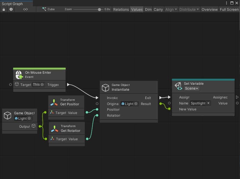 An image of the Graph window. An On Mouse Enter node's Trigger output port connects to the Invoke input port on an Instantiate GameObject node. The Instantiate GameObject's Original uses an inline value of the project's Light Prefab. A GameObject Literal node also uses the Light Prefab as an inline value. The GameObject Literal connects to a Transform Get Position node and a Transform Get Rotation node, which provide the Position and Rotation inputs for the Instantiate GameObject node. The Instantiate GameObject node's Exit port triggers the Assign input port on the Set Variable node, and assigns the new GameObject as the value of the Spotlight Scene variable.