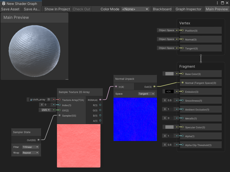 An image of the Graph window, that displays a Sample Texture 2D Array node. The node has a Sampler State node attached as an input and sends its RGBA output to the Normal Unpack node. The Normal Unpack node's Out output port connects to the Normal (Tangent Space) Block node in the Master Stack. The Index is set to 0, which makes the sphere in the Main Preview window render with a ridged fabric Texture.