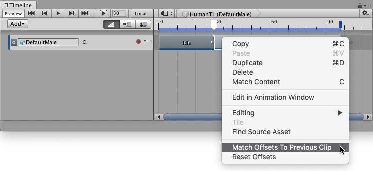 Right-click and select Match Offsets to Previous Clip to match the offsets of the selected Animation clip with the preceding Animation clip