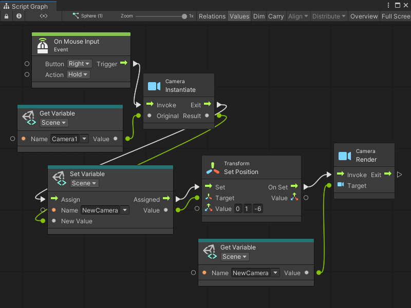 An image of the Graph window. An On Mouse Input node with its Button and Action inputs set to Right and Hold connects its Trigger output port to the Invoke input port on an Instantiate Camera node. The Instantiate Camera node's Original input port connects to a Get Variable node's Value output port to decide which camera to clone, and gets the value for the Camera1 Scene variable. The Instantiate Camera node connects its Exit output port and its Result output port to a Set Variable node's Assign input port and New Value input port, respectively. The Set Variable node uses an inline value for its Name input to set the input from New Value as the NewCamera Scene variable. The Set Variable node connects its Assigned output port and its Value output port to a Transform Set Position node's Set input port and Target input port. It uses inline values to set the Value of the new position, then connects its On Set output port to a Camera Render node's Invoke input port. A Get Variable node, which gets the value of New Camera, connects its Value output port to the Render Camera node's Target input port.